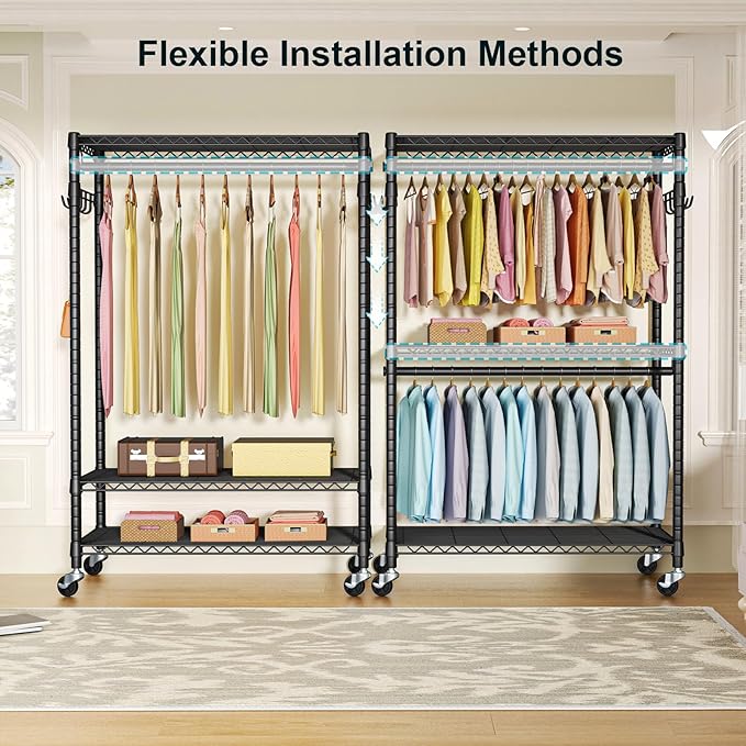 FUTASSI P1 Plus Rolling Clothes Rack, 22mm Diameter Heavy Duty Garment Rack with Wheels, Portable Closet Wardrobe with Double Rods, 45" W x 17.7" D x 80.5" H, Max Load 524 LBS, Black