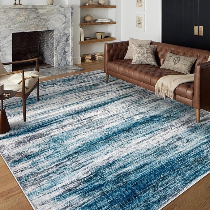 KOZYFLY Area Rug 6x9 Modern Ombre Rugs for Living Room, Washable Large Thin Rugs Non-Slip Soft Striped Rug for Bedroom, Print Blue Abstract Carpet for Laundry/Kid Room