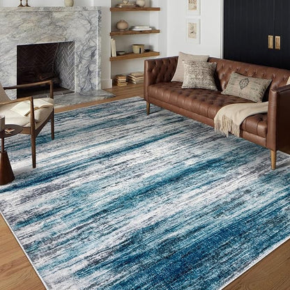 KOZYFLY Area Rug 6x9 Modern Ombre Rugs for Living Room, Washable Large Thin Rugs Non-Slip Soft Striped Rug for Bedroom, Print Blue Abstract Carpet for Laundry/Kid Room