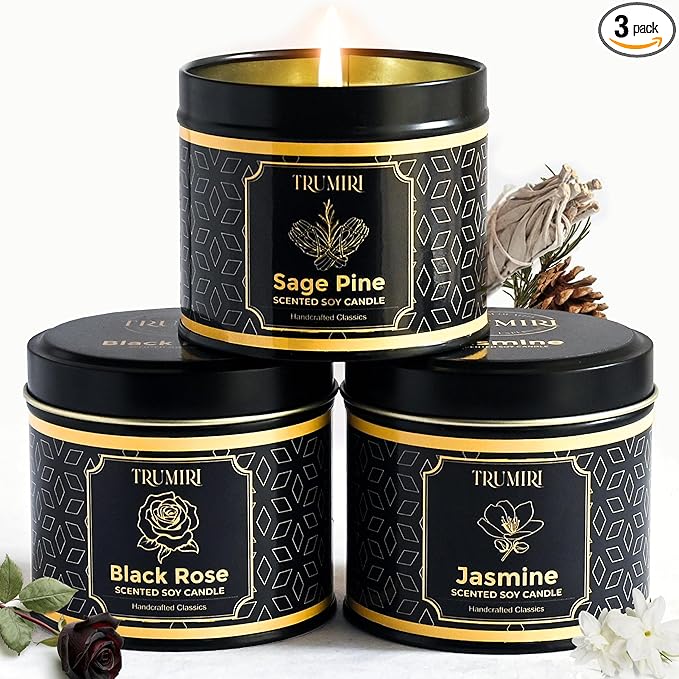 Candle Gift Set of 3 Sage Pine|Jasmine|Black Rose Strong Scented Soy Candels Natural Non Toxic Velas Aromáticas Favors for Women Coworkers Friends Guests Also for Fall Diwali Christmas Holidays