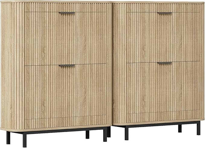 Shoe Cabinet with 4 Flip Drawers, Arc Narrow Wood Shoe Storage Cabinet with Fluted Panel and Metal Legs, Freestanding Wood Hidden Shoe Rack Cabinet for Foyer, Hallway, Nature-2