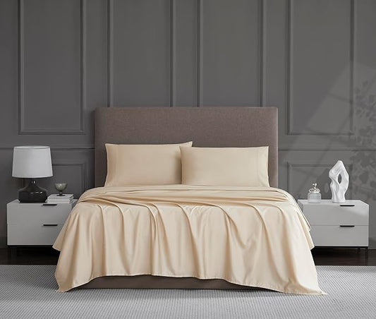 Linen Closet Luxury Cotton 1200 Thread Count Hotel Luxury 4-Piece Sheet Set, Full, Beige