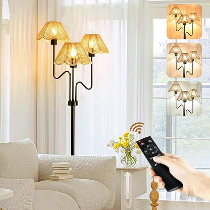 Rattan Floor Lamp for Living Room Bedroom,3-Light Floor Lamp with Remote Control,Boho Flower Lamp Black Tree Standing Lamp with 3 Color Temperature Tall Floor Lamps for Bedroom Corner