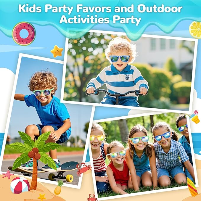 Party Favor Sunglasses for Kids, Boys Girls Age 3-8 Birthday Sunglass with UV 400 Protection, Neon Glasses for Valentines Easter Children Day Gifts, Summer Beach Goodie Bags Stuffers - 12 Packs