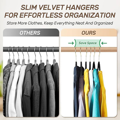 Velvet Hangers 30 Pack with Gold Hooks, Non-Slip Slim Felt Hanger for Clothes, Space Saving Heavy Duty Flocked Hangers for Dresses, Coats, Pants(Black)