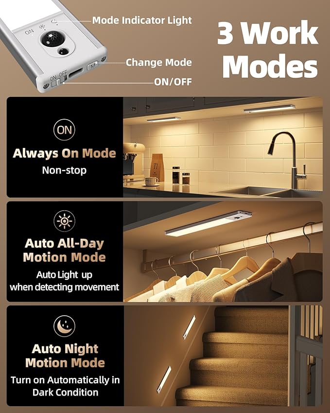 EZVALO 3 Pack Under Cabinet Lighting, Rechargeable Motion Sensor Light, LED Closet Lights Wireless, 3500K Dimmable, Timer, Magnetic, with Remote Control for Kitchen, Closet, Stair