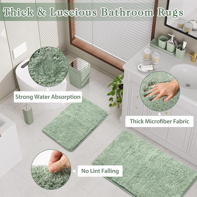 Sage Green Bathroom Set - 24PC Bathroom Sets with Shower Curtain and Rugs, Sage Green Bathroom Accessories Set with Press-on Lid Bathroom Trash Can, Soap Dispenser