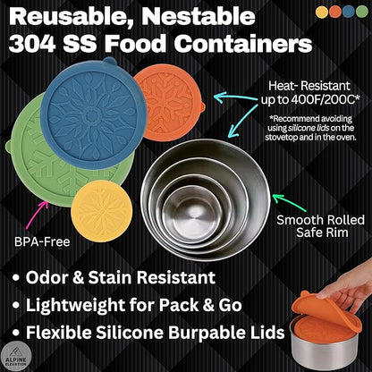 8 Pcs - 4 Stainless Steel Containers + 4 Silicone Lids | 304 Stainless Steel Snack Container | Nesting Snack and Dip Containers | Metal Food Storage