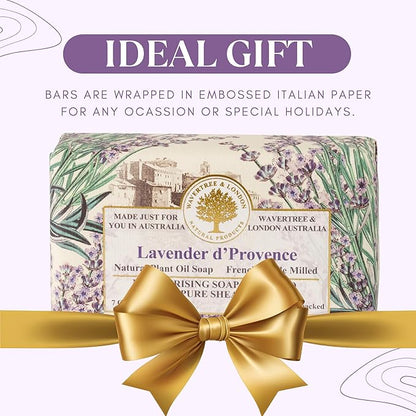 Wavertree & London Lavender D'Provence Scented Natural Soap Bar, 7oz Moisturizing French Triple Milled Soap Bar for Women & Men Enriched with Organic Shea Butter, Pure Bath & Body Soap (1 Bar)