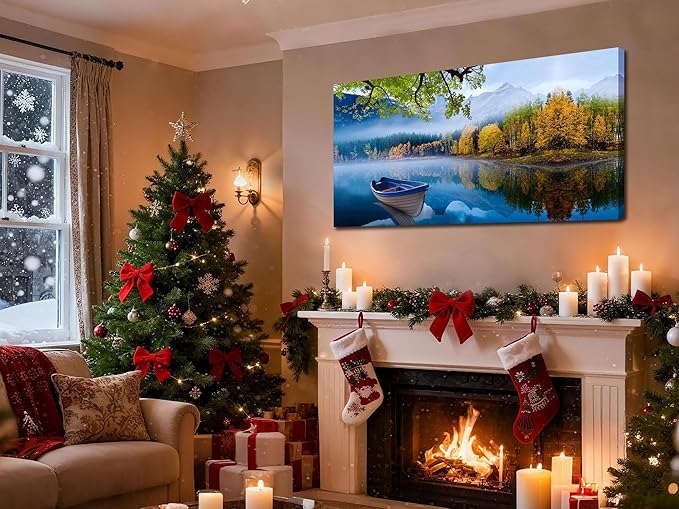 Arjun Lake Canvas Wall Art Blue Mountain Sky Nature Landscape Picture Boat Artwork Modern Scenic Painting Framed Large for Living Room Bedroom Dining Room Home Office Wall Decor 48"x24"