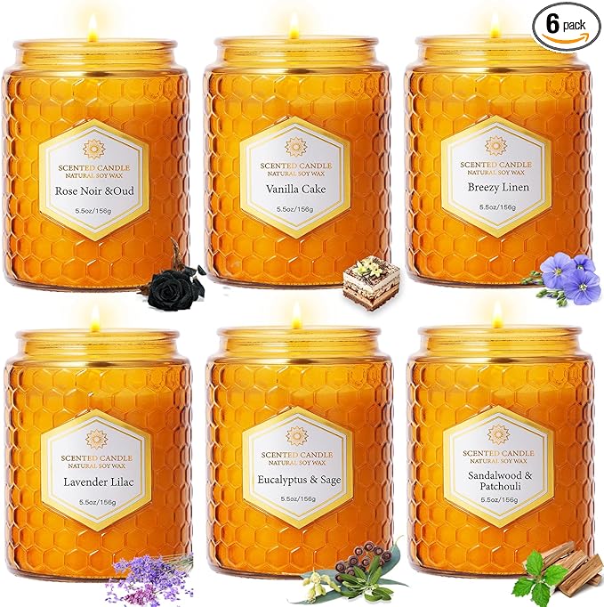 6 Pack Natural Soy Wax Jar Candles for Home, Scented Aromatherapy Gift Set for Women, 33 oz 240 Hour Long Lasting, for Birthday, Valentine's Day, Amber