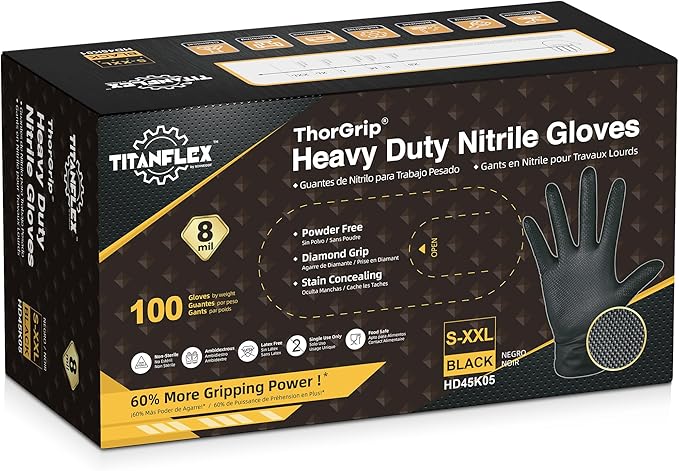 TitanFlex Heavy Duty Black Nitrile Gloves, Raised Diamond Texture, Latex Free, Powder Free Disposable Gloves (8Mil/6Mil)