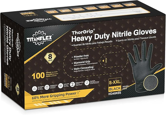 TitanFlex Heavy Duty Black Nitrile Gloves, Raised Diamond Texture, Latex Free, Powder Free Disposable Gloves (8Mil/6Mil)