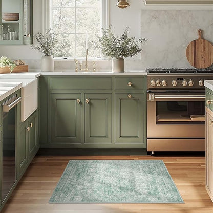 jinchan 2x3 Washable Rug for Entryway - Kitchen Mats Vintage Floral Ultra-Thin Low Pile Soft Throw Small Non-Slip Distressed Doormat Accent Rug for Entrance Bathroom Bedroom (2'x3',Green)