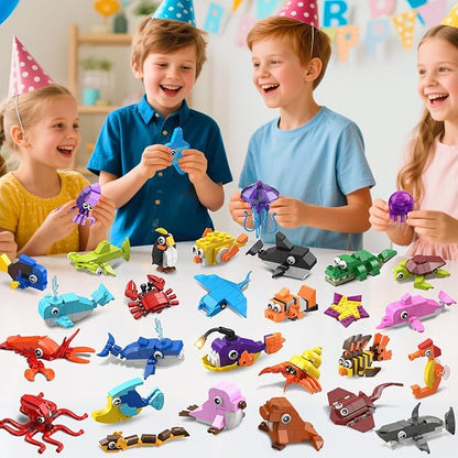 30 Pack Animals Valentines Party Favors For Kids, 824PCS Marine Animal Building Block Sets for Valentines Day Goodie Bags Filler Classroom Prizes Stocking Stuffers Birthday Gifts for Boys Girls 6+