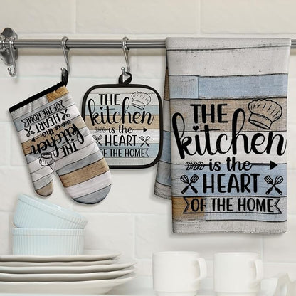 Sratte 6 Pcs Kitchen Decor Accessories Set Farmhouse Towels Pot Holders Oven Mitts Set 2 Dish Towels 2 Potholders 2 Cooking Mittens Oven Glove for Christmas Baking Cooking Supply(Brown Green,Kitchen)