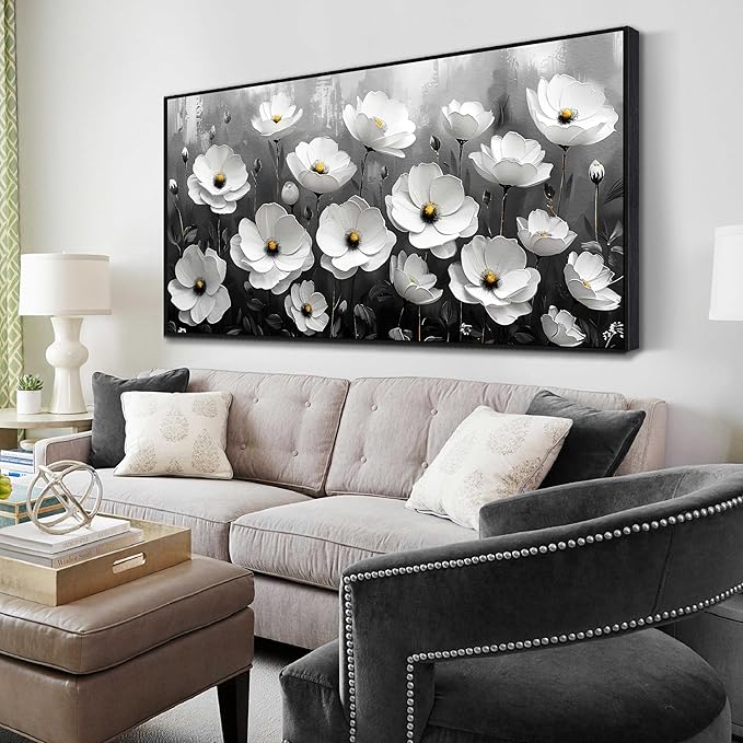 Black and White Flower Canvas Wall Art With Black Wood Frames Large Modern Canvas Prints Framed Wall Art for Living Room Bedroom Home Office Size 20x40