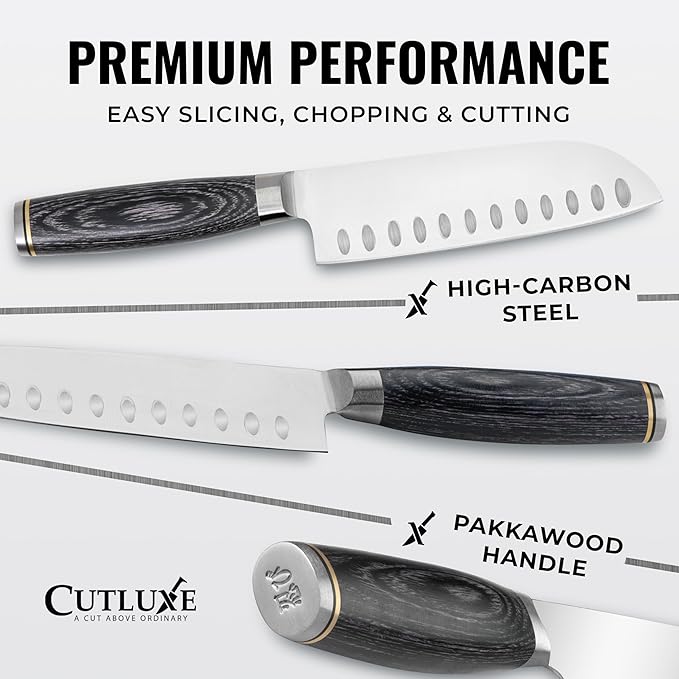 Santoku Knife – Ultra Sharp 5 Inch Meat and Vegetable Japanese Knife for Chopping, High Carbon Stainless Steel Blade, Full Tang Pakkawood Handle – Shinobi Series