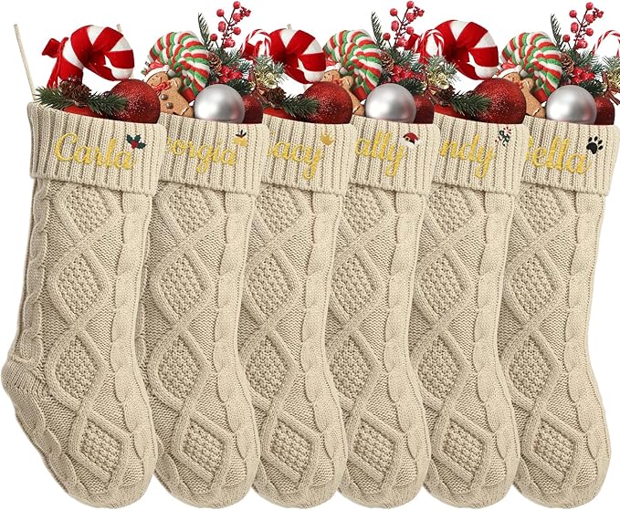 Personalized Christmas Stockings,Custom Embroidered Name+Logo Xmas Knitted Stockings 18'',Holiday and Family Stocking for Fireplace Christmas Holiday Party Decoration 1-6Pack（Flax）