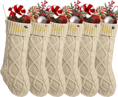 Personalized Christmas Stockings,Custom Embroidered Name+Logo Xmas Knitted Stockings 18'',Holiday and Family Stocking for Fireplace Christmas Holiday Party Decoration 1-6Pack（Flax）