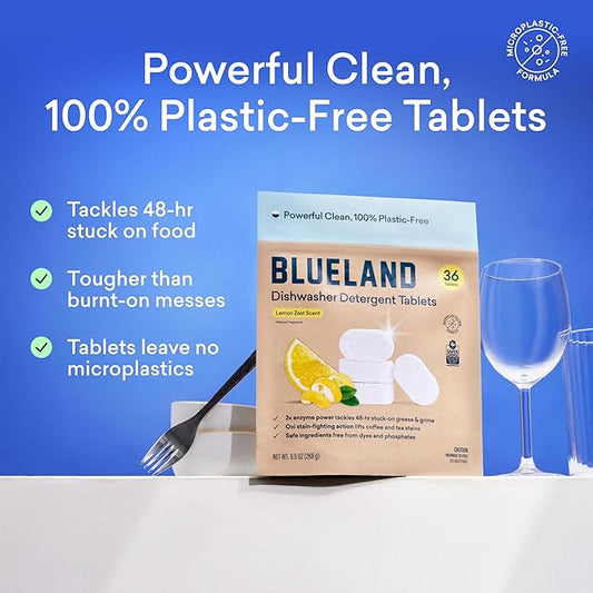 BLUELAND 100% Plastic-Free Dishwasher Detergent Tablets, 60 Count, Lemon Zest Scent, Eco Friendly Dishwashing Pods, Natural, USDA Certified biobased