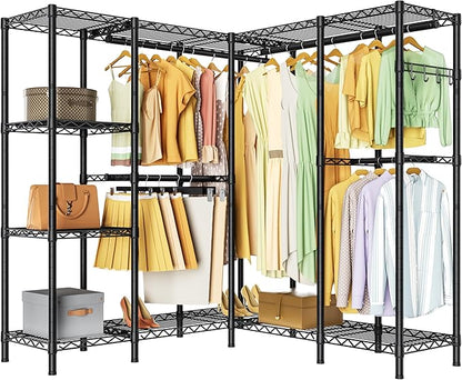 Heavy Duty Garment Rack Clothes Rack,Large Metal Closet Organizer System Storage Wardrobe,Freestanding Clothing Rack with Adjustable Wire Shelves& Hang Rods,MaxLoad 1100lbs
