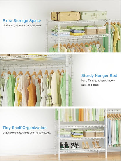 Ulif E11 Heavy-Duty Garment Rack, Metal Freestanding Clothes Rack and Closet Storage Organizer with 8 Shelves and 4 Hanger Rods, (73.2 - 97.6)"W x 14.5"D x 71.2"H, Load 1034 LBS, White