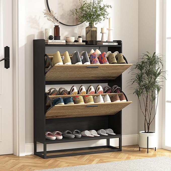 Vibe & Dine Shoe Storage Cabinet for Entryway, Narrow Shoe Cabinet with 2 Flip Drawers, Slim Shoe Rack Cabinet with Storage Shelf and Top Cubby, Modern Wall Hidden Shoe Cabinet, Black, Wide