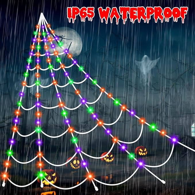 Halloween Decorations Spider Webs Lights: 150 Purple & Orange & Green LED Halloween Lights Decor Outdoor, 17.4Ft Giant Spiderweb with 8 Lighting Modes Waterproof & Timer, Yard Spider Web Decoration