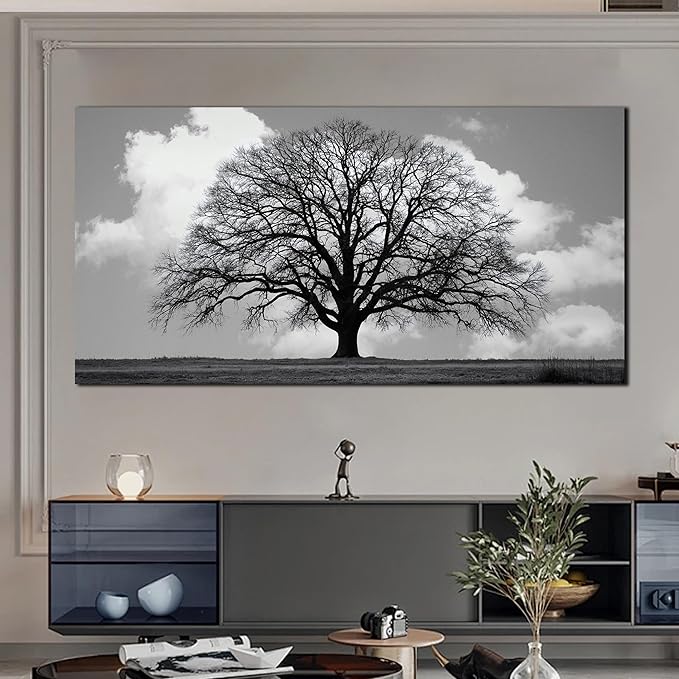 Trogonup Black and White Tree of Life Wall Art for Bedroom Modern Botanical Landscape Pictures for Living Room Office Canvas Prints Ready to Hang 24"x48"