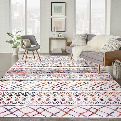 KUTA Boho Living Room Rug 8x10, Moroccan Multi-Color Washable Area Rugs Non Slip, Ultra Soft Print Distressed Geometric Low-Pile Throw Carpet for Bedroom Nursery Dorm Decor