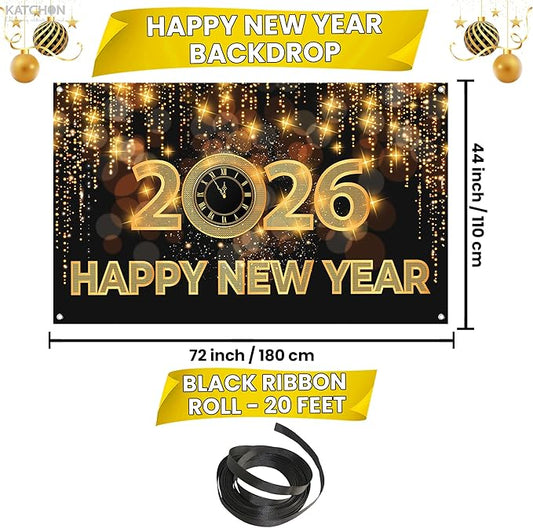 Katchon, Xtralarge Happy New Year Banner - 72x44 Inch | Happy New Year 2026 Banner for New Years Decorations 2026 | NYE Backdrop for New Years Eve Party Supplies 2026 | NYE Decorations 2026
