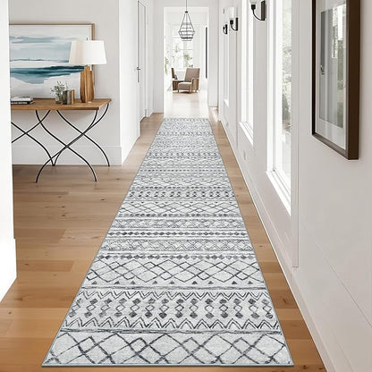 KUTA Hallway Runner Rug 2.6x12 Non-Slip Washable, Moroccan Vintage Beige Boho Long Kitchen Rug Ultra Soft Distressed Geometric Floor Carpet Runners for Bedroom Laundry Stairway Entryway