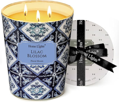 HomeLights Scented Candles | Large Jar 34 Oz Natural Soy Candle | 130 hrs Long-Lasting with 3 Wicks | Bohemian Natural for Home Decor | Gifts for Mom & Women, Lilac Blossom