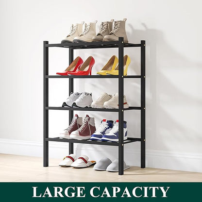 Smiry Shoe Rack, 4 Tier Small Bamboo Shoe Organizer, Stackable Free Standing Wooden Shoe Storage Shelf for Closet, Entryway, Front Door Entrance, Black