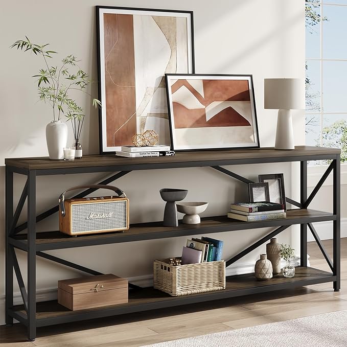ONBRILL Industrial Console Sofa Table,70.8 Inch Extra Long Entryway Table with 3 Tier Wood Storage Shelf for Living Room, Hallway, Entrance, Narrow Sofa Table with Metal Frame, Black and Brown