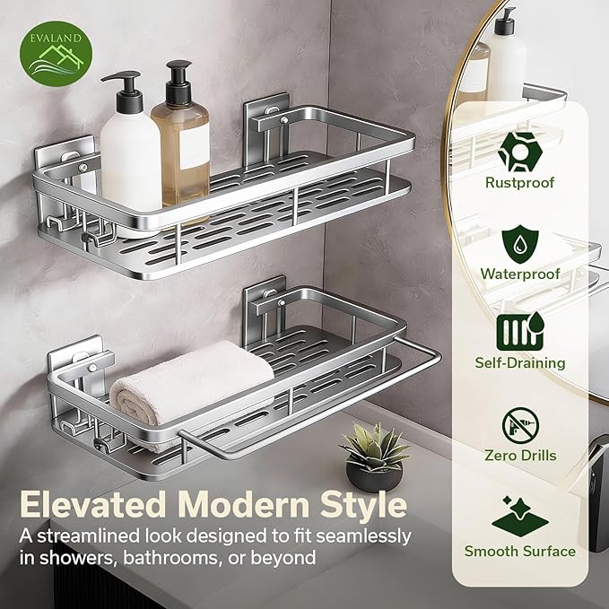 EVALAND Shower Caddy Adhesive 2-Pack with Hooks and Rod for Towels, Silver – Premium Bathroom Shower Shelves, Shampoo Organizer, Bathtub Shelf, Rustproof, Easy Installation, Sturdy Modern Look