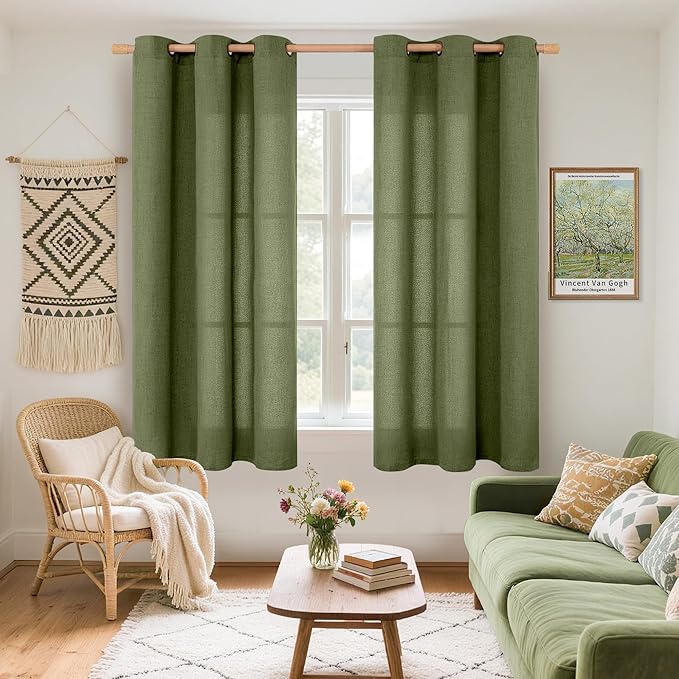 YoungsTex Olive Linen Curtains 45 Inch Length 2 Panels, Dark Green Short Drapes Semi Sheer with Bronze Grommet Light Filtering for Living Room Windows, 42 X 45 Inch