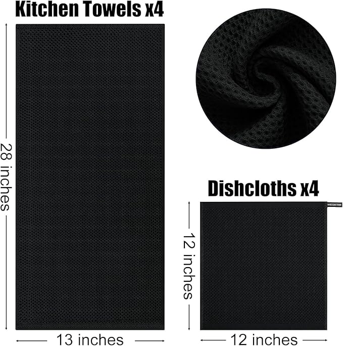 Kitinjoy 100% Cotton Kitchen Towels and Dishcloths Set, 8 Pack Waffle Weave Dish Towels Ultra Soft Absorbent Quick Drying Dish Rags, 13 x 28 Inch and 12 X 12 Inch, Black