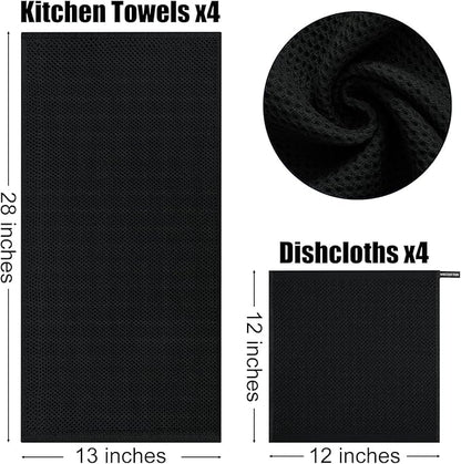 Kitinjoy 100% Cotton Kitchen Towels and Dishcloths Set, 8 Pack Waffle Weave Dish Towels Ultra Soft Absorbent Quick Drying Dish Rags, 13 x 28 Inch and 12 X 12 Inch, Black