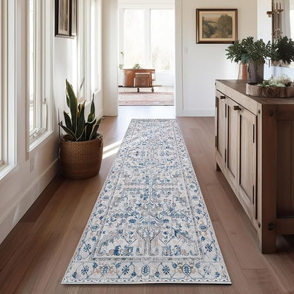 jinchan Runner Rug 2x12 Long Hallway Runner Rug Thin Vintage Washable Kitchen Carpet with Rubber Backing Floral Print Floor Cover Indoor Laundry Room Bedroom Stairway (2x12ft,Blue)