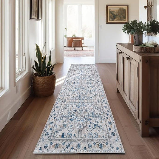 jinchan Runner Rug 2x12 Long Hallway Runner Rug Thin Vintage Washable Kitchen Carpet with Rubber Backing Floral Print Floor Cover Indoor Laundry Room Bedroom Stairway (2x12ft,Blue)