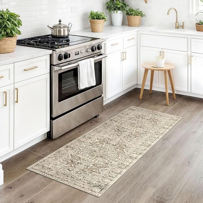 KUTA Vintage Washable Runner Rug, 2x5 Runners Non-Slip Beige Brown 5ft Hallway Kitchen Rugs Ultra Soft Printed Distressed Tribal Farmhouse Carpet for Bedroom Entryway Decor