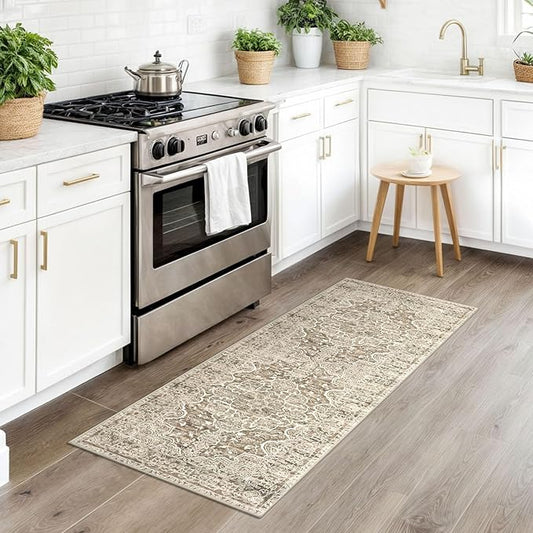 KUTA Vintage Washable Runner Rug, 2x5 Runners Non-Slip Beige Brown 5ft Hallway Kitchen Rugs Ultra Soft Printed Distressed Tribal Farmhouse Carpet for Bedroom Entryway Decor