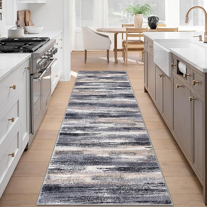 Modern Abstract Runner Rug 3x8, Grey Black Multi Washable Kitchen Runner Non-Slip Soft Hallway Rug Runner Thin Print Faux Wool Carpet for Entryway Bedroom Laundry Room Indoor Home Office Decor