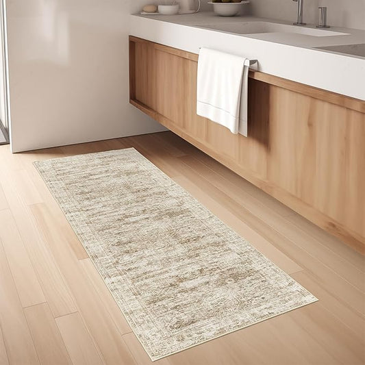 Washable Runner Rugs for Bedroom - 2x6 Runner Rug Non Slip, Ultra-Thin Entryway Runner, Soft Abstract Kitchen Runner for Hallway, Laundry, Bathroom, Indoor Door Mat(2'x6', Brown/Ivory)