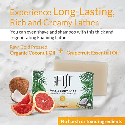 Coco Fiji Soap Bar for Face and Body Infused With Organic Coconut Oil, Grapefruit, Essential Oil, Natural Soap for Moisturizing & Pore Purifying Skin, 7 oz,Pack of 3