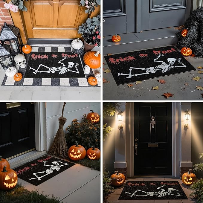 Halloween Door Mat, Halloween Doormat Outdoor Front Door Entrance Absorbent Entry Mat with Non Slip Backing, 17''x30'', Skeleton Black
