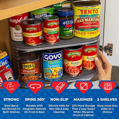 Mighty Susan Kitchen Organizer for Canned Goods: 2-Tiered Robust Turntable Organizer for Cabinet/Pantry. Steel Reinforced Holds Up To 30 lbs. Rotates 360° for Maximum Visibility. Includes 4 Bonus Bins