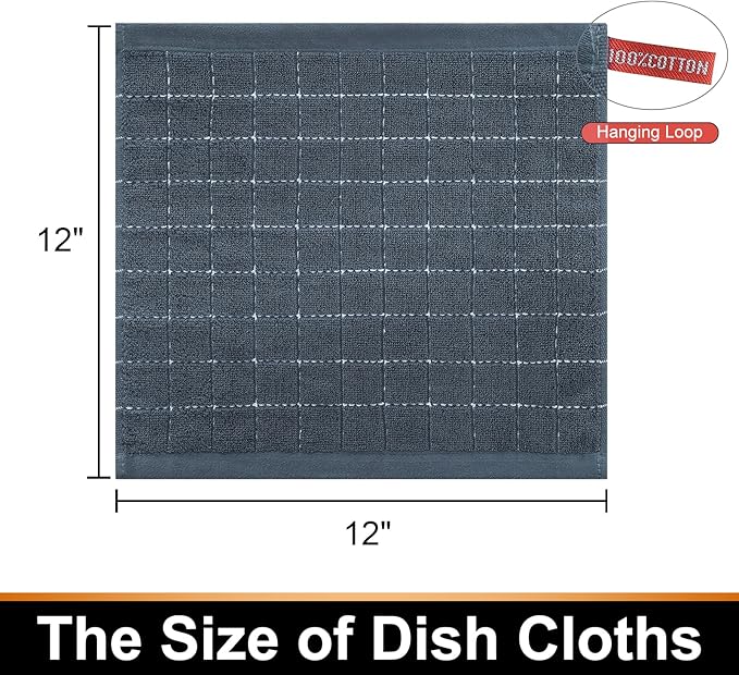 Mordimy 100% Cotton Terry Cloth Dish Cloths, Soft and Absorbent Checkered Dish Towels, Quick Drying Dish Rags for Washing Dishes, 6 Pack, 12 x 12 Inches, Grey